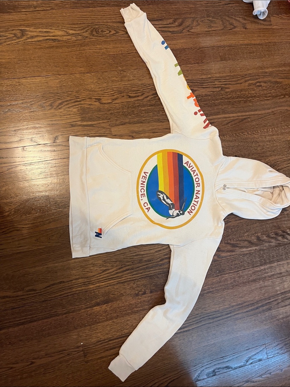 Aviator Nation Off-White Hoodie with Rainbow Circle Logo - Picture 2 of 6